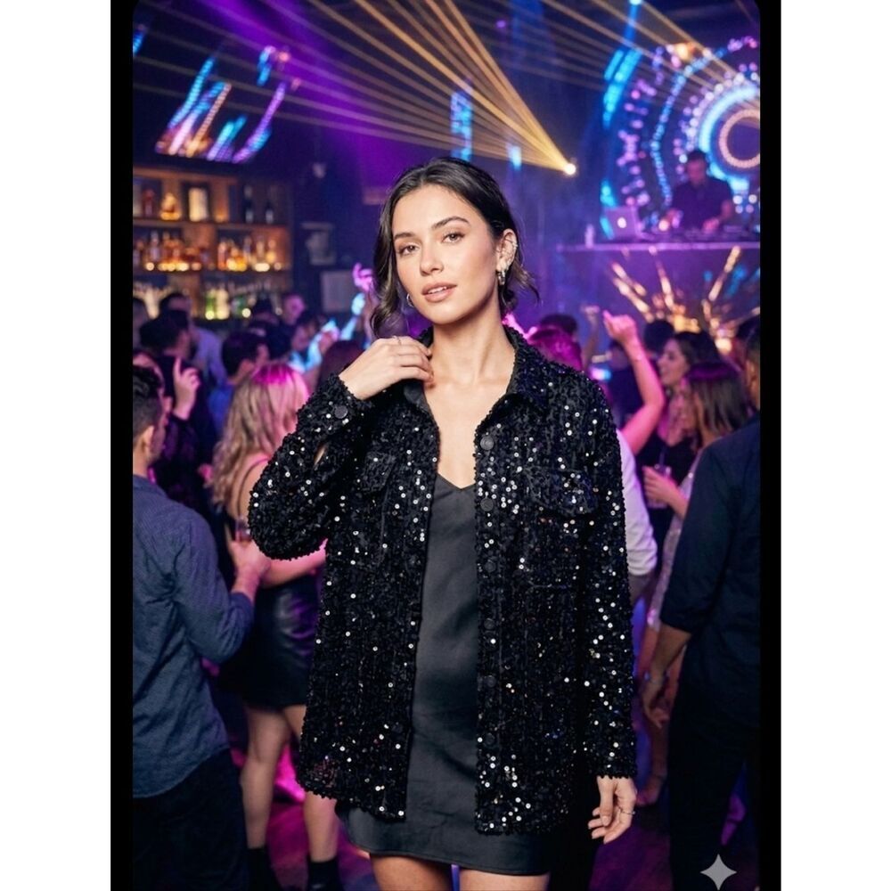 White Birch Shirt/Jacket Sz S Black sequin